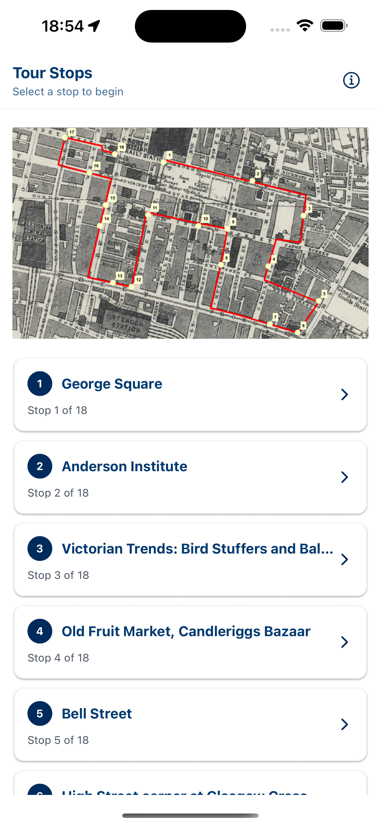 Screenshot of Glasgow Walking Tour app interface